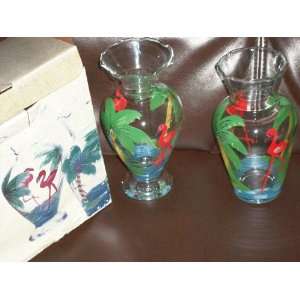   of 6 Handpainted Bud Vases Flamingos and Palm Trees Tropical Design