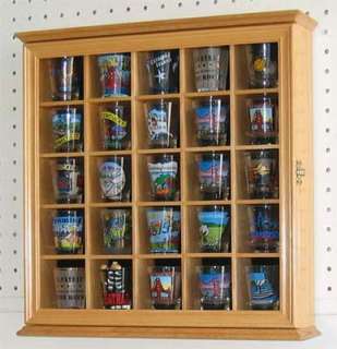 25 Shot Glass Display Case Rack Holder Wall Cabinet, REAL Glass Door 
