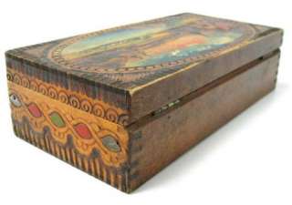 VINTAGE NICE PYROGRAPHED ENGRAVED JEWELRY WOODEN BOX PAINTED LAKE VIEW 
