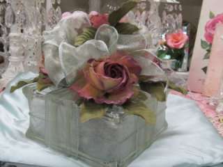 LARGE GLASS BLOCK LIGHT with BOW AND PINK ROSES~Shabby~Cottage~Chic 