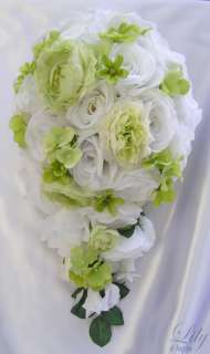 are made with one white rosebud accented with green hydrangeas
