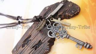   Genuine leather necklace charm choker Key / Cross pendant ancientry