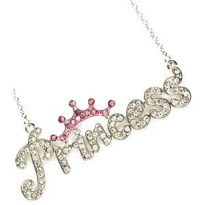    Silvertone Crystal Princess Crown Name Tag Necklace Jewelry