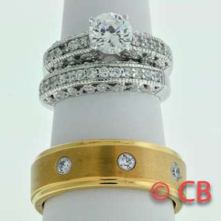   Wedding Ring Set For Men & Women Hers 2.3Ct & Tungsten Ring Gold Pl