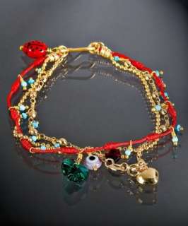Mercedes Salazar gold and red silk beaded charm bracelet   up 