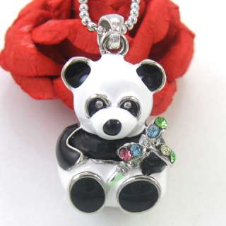 Panda Bear Colorful Flower Rhinestones Pendant Necklace  