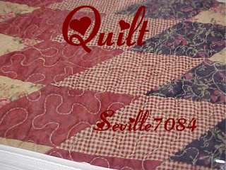 6pc QUEEN Star QUILT~Cotton~Burgundy Red, Blue,Prim~Country,Americana 