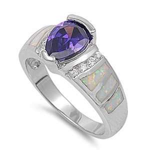 Sterling Silver Ring with White Lab Created Opal, Pear Shaped Amethyst 