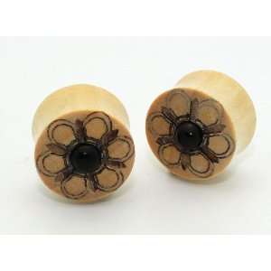 Wood Onyx Design with Stone Floral Double Flare Tribal Ear Gauge Plug 