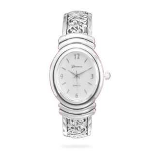 Silver Tone Scrolled Oval Face Hinged Cuff Watch  