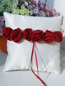 Wedding Day White Square Ring Bearer Pillow with Ruby Red roses NIB 