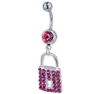  Pink Crystal Lock Gem Belly Button Ring Pugster Jewelry