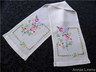 Vintage Table Runner Hand Embroidered Flowers Long & Narrow 44  
