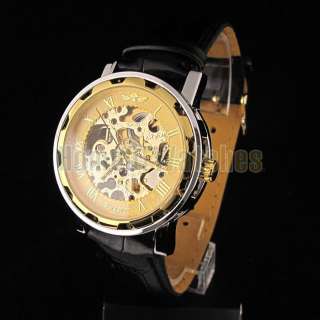 Luxury Mens Watch Gold Tone Skeleton Auto Leather Watch  