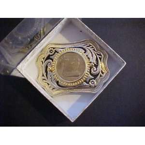  Ornate Silver Dollar Belt Buckle   With Commemorative Brass Coin 