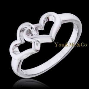 18k White Gold EP Double Heart Ring Size 5 6 7 8 9  