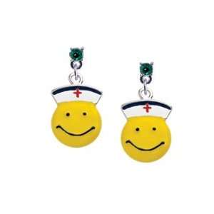  Smiley Face Nurse Emerald Swarovski Post Charm Earrings 
