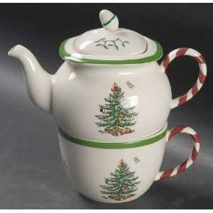 Spode Christmas Tree Green Trim Tea Pot Indv W/ Cup Set, Fine China 