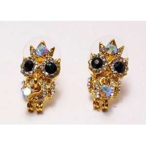   Topaz Tone Crown King Owl Crystal Rhinestone Stud Earrings Jewelry